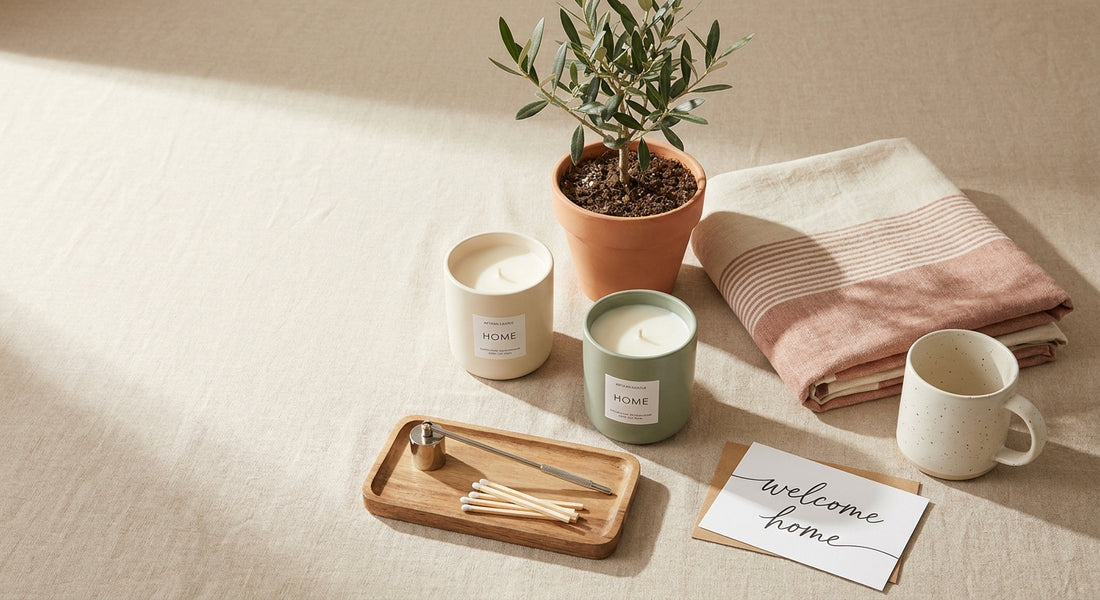 A curated flat lay of elegant housewarming gift items including candles, a ceramic mug, a linen throw, and a small plant arranged on a warm linen surface in soft natural light.
