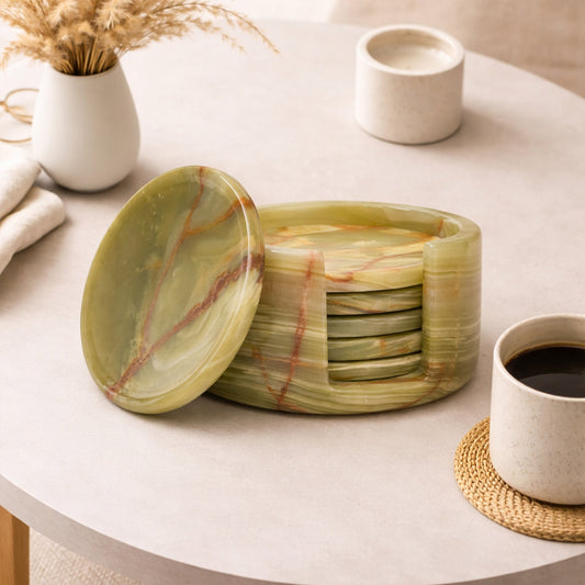 Green Onyx Round Marble Coaster (Set of 6)