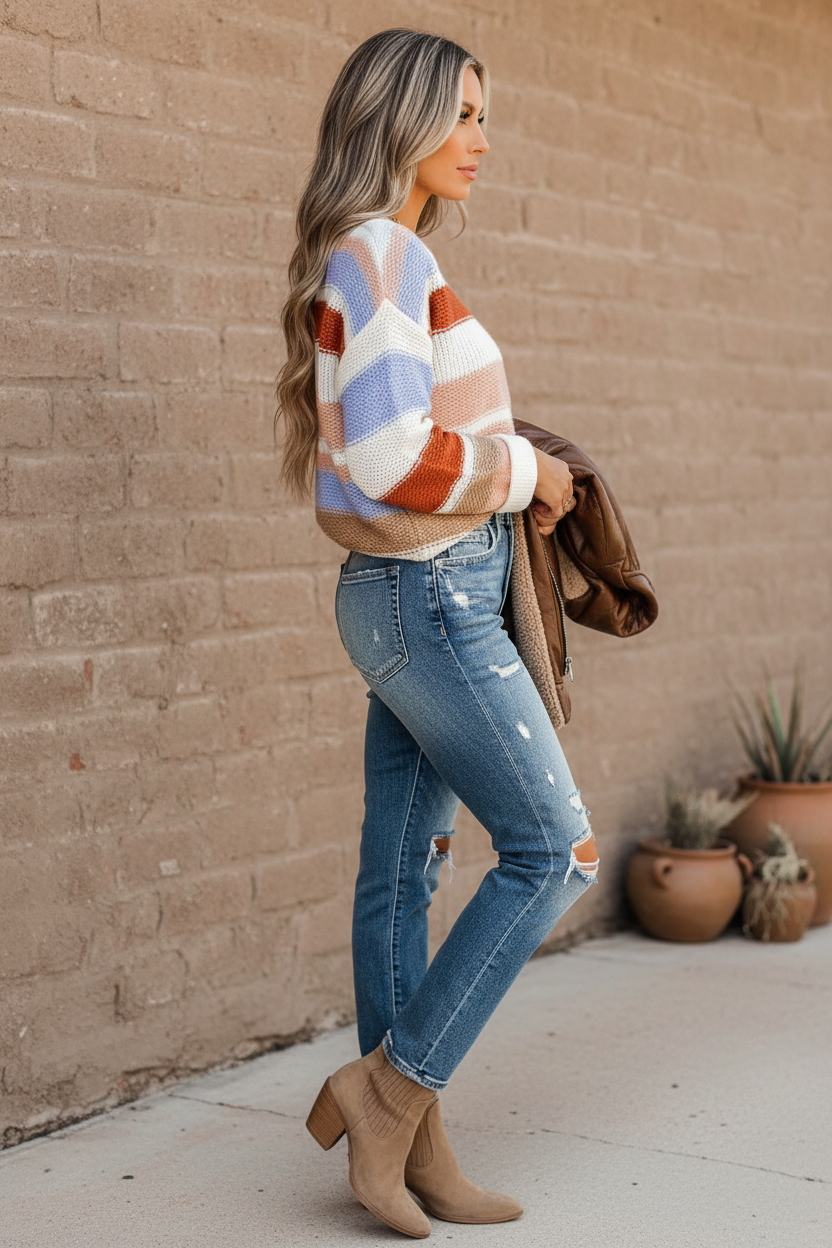 Multi-Color Striped Round Neck Sweater