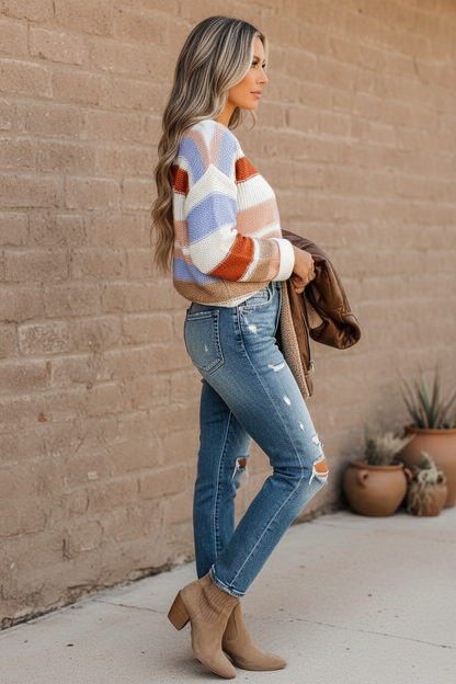 Multi-Color Striped Round Neck Sweater