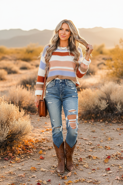 Multi-Color Striped Round Neck Sweater